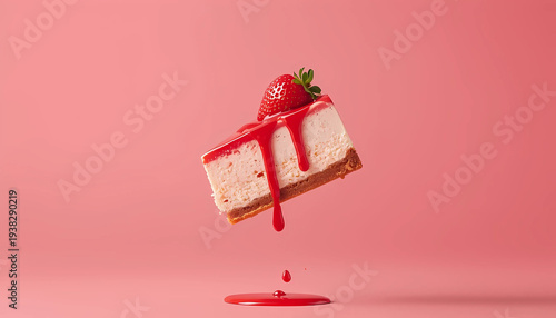 A piece of cheesecake with strawberry topping and red sauce floating in mid-air