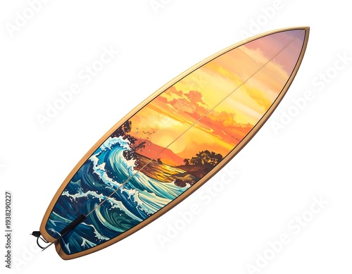 Surfboard with painted ocean waves and sunset design, angled against a white background with visible fin