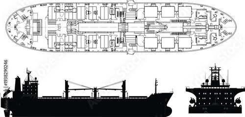 Detailed vector schematics and silhouettes of cargo ship including deck plan, side view, and front view, ideal for marine engineering, naval architecture, and logistics projects