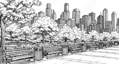 Urban city park vector background hand drawn sketch illustration line art
