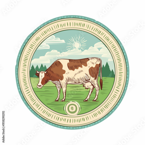 Illustration of a cow grazing in a green meadow under a sunny sky.