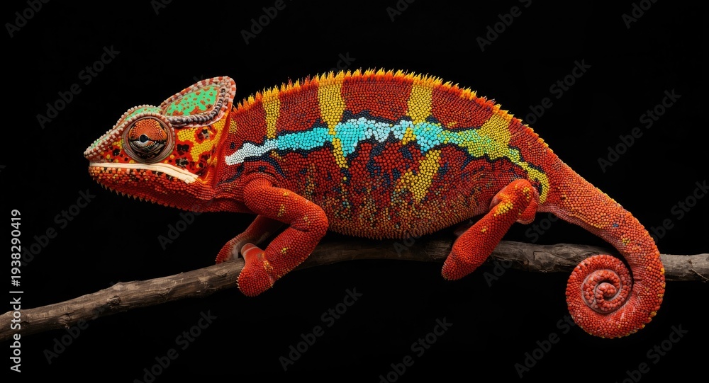 Fototapeta premium A vibrant panther chameleon displaying bright colors on a dark backdrop