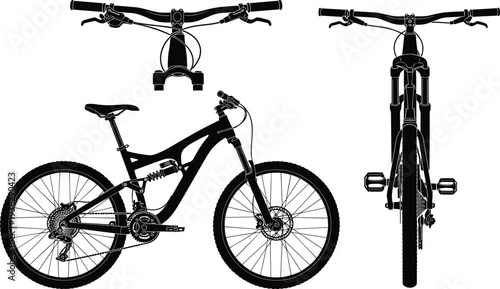 Detailed vector silhouette illustrations of mountain bike in side, front, and top views, showcasing suspension, drivetrain, disc brakes, and handlebars for cycling design and engineering projects