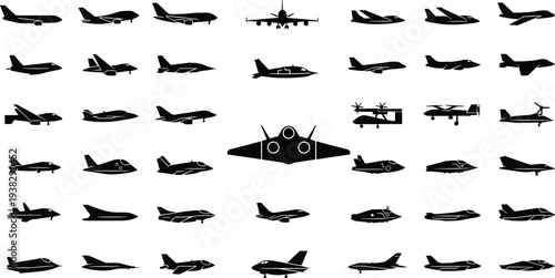 Aircraft silhouette collection, aviation icon set, airplane outline design, military jet graphic, commercial plane illustration, aeronautics study art comparison