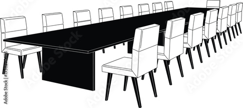 Modern black conference table with eighteen chairs arranged symmetrically, minimalist design for professional meeting spaces, corporate boardroom, teamwork