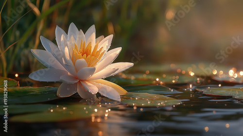 Serene Lotus Bloom: An exquisite lotus flower gracefully floats atop tranquil water, its pristine petals catching the soft light of the sun, evoking a sense of peace and purity.