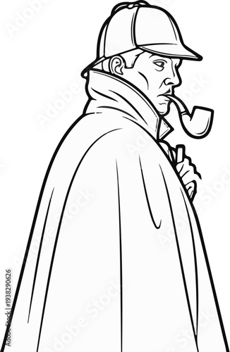 Line art of a man in a deerstalker hat smoking a pipe, cloaked