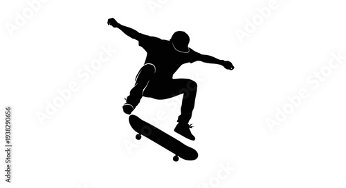 Skateboarder silhouette performing a trick against white background