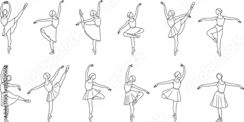 Ballet dancer line drawing collection, classical dance poses illustration, graceful movement outline, pirouette arabesque attitude art, choreography icon design set