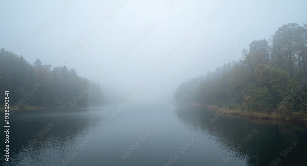 Naklejka premium Calm foggy forest river scene highlighting clean air and providing space for textual content