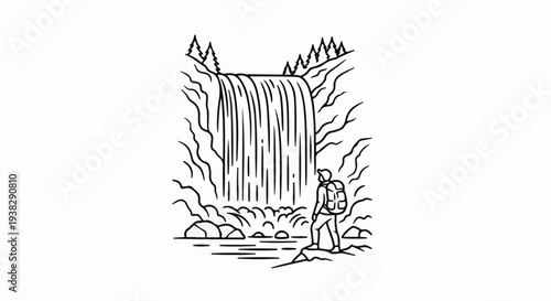 Hiker admiring a large waterfall surrounded by trees and rocks