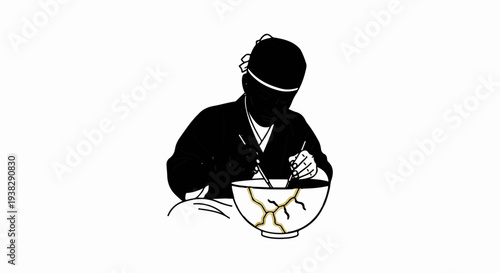 Person in traditional attire repairing a broken bowl with gold