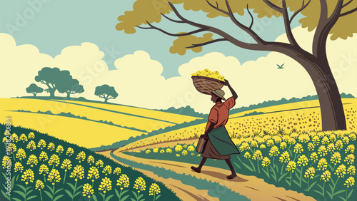 Flat vector illustration of an African woman carrying a basket of yellow flowers through a blooming field