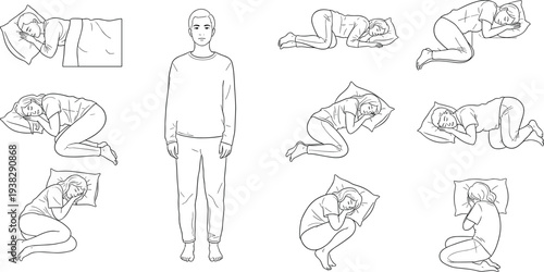 Vector illustration of diverse sleeping positions with central standing figure, showing curled fetal postures on pillows, ideal for sleep analysis, comfort studies, and lifestyle design projects