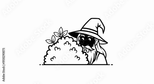 A cartoon wizard peeking out from behind a bush with leaves