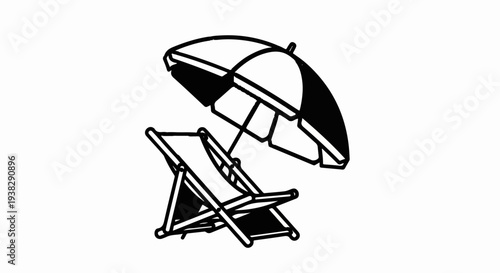 Minimalist illustration of a lounge chair and umbrella on a white background