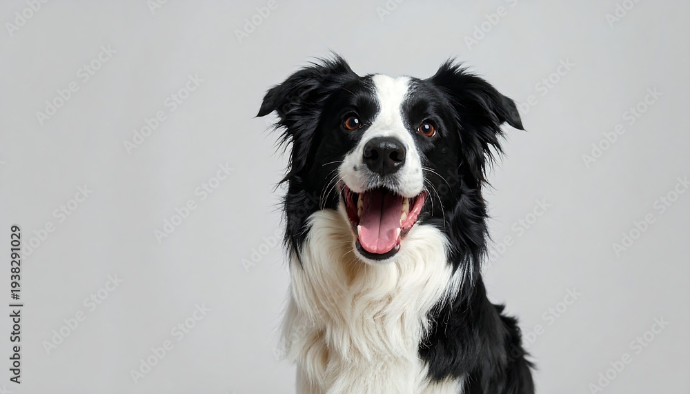 Fototapeta premium Black and white dog, open mouth, brown eyes, staring forward against a light gray studio background