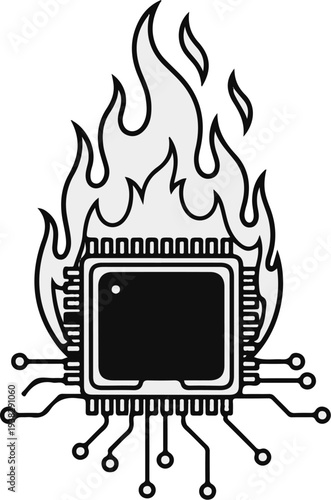 A computer chip is engulfed in stylized flames, suggesting overheating or intense processing