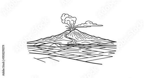 Line art shows a smoking volcano erupting, with a river flowing down its side