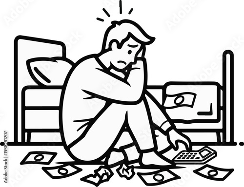 Man worried about finances, sitting by bed with cash and calculator