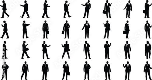 Businessmen silhouette collection, corporate icon set, professional attire outline, office communication graphic, executive pose illustration, business action design art