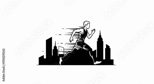 Energetic male runner sprints through a stylized city skyline with motion lines