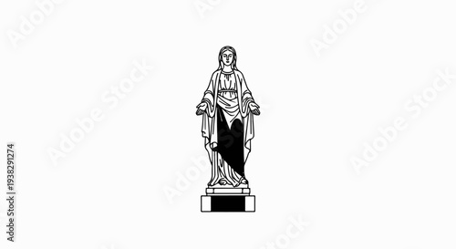 Line art illustration of a religious statue of a woman on a pedestal