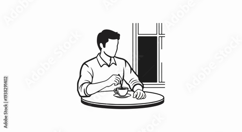 Person stirring drink at table near window