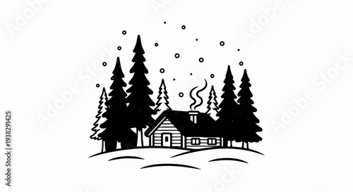 Cozy cabin with smoking chimney in a snowy pine forest scene
