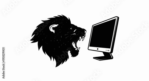 Roaring lion attacks modern computer monitor screen display