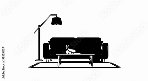 Modern living room setup with couch, table, lamp, and rug