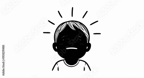 Close-up of a dark-faced child with bright eyes and radiating lines