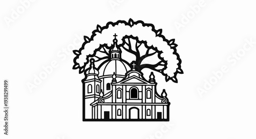 Ornate church with dome and steeple under a stylized tree canopy
