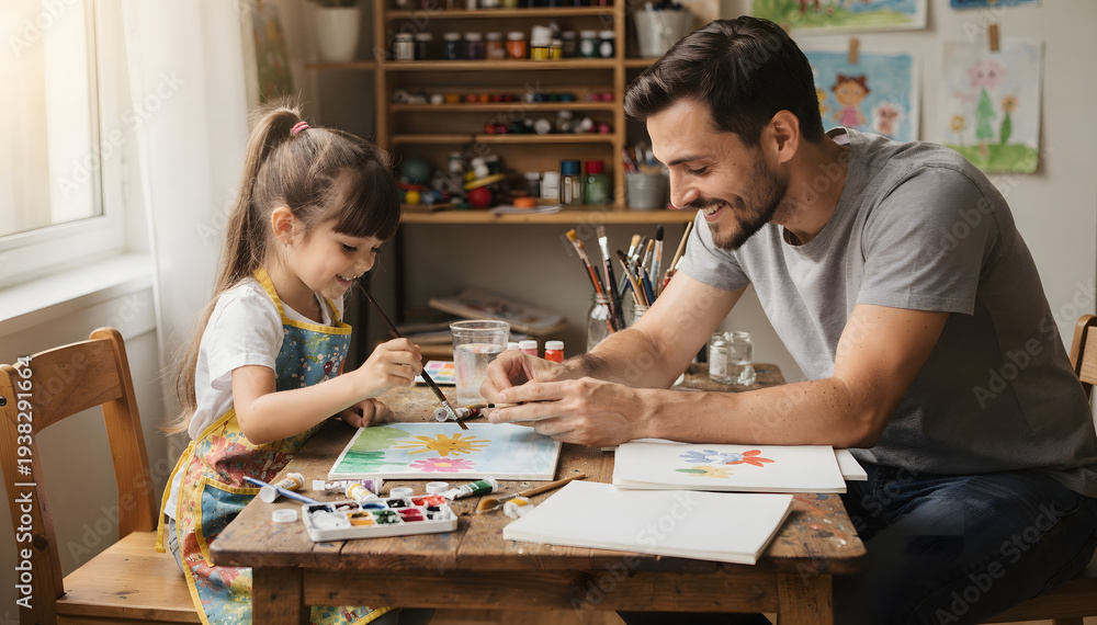Fototapeta premium A joyful father and daughter bond through creative art, painting vibrant watercolors together at a rustic wooden table, fostering a warm family connection