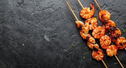 Birds eye photo of grilled shrimp and tiger prawn skewers on dark stone surface