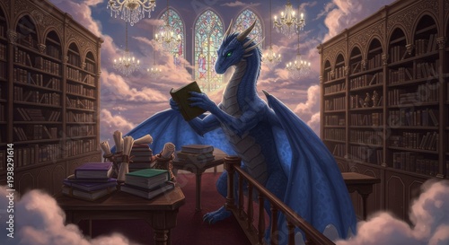 Dragon in the grand library: A magnificent blue dragon, absorbed in reading, sits amidst the towering bookshelves of an opulent library. A magical setting where knowledge and fantasy converge.