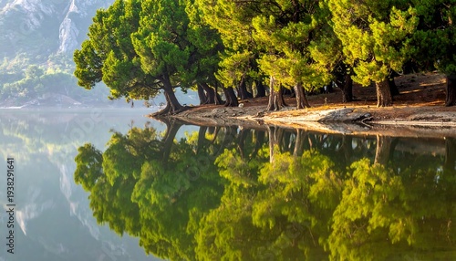 Trees reflect vividly in still water, mountains stand in the distance, bathed in soft light