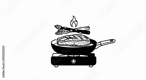Simple line drawing of salmon and asparagus cooking on a portable stove