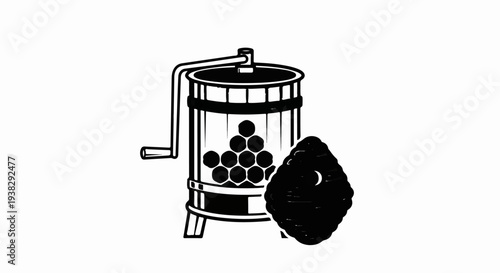 Black and white drawing of a fruit press and pile of fruit