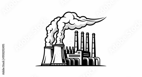 Industrial facility with smoking chimneys and cooling towers