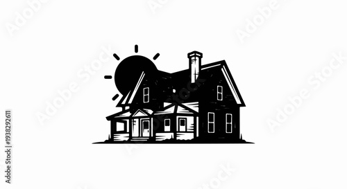 Stylized black and white illustration of a house with sun