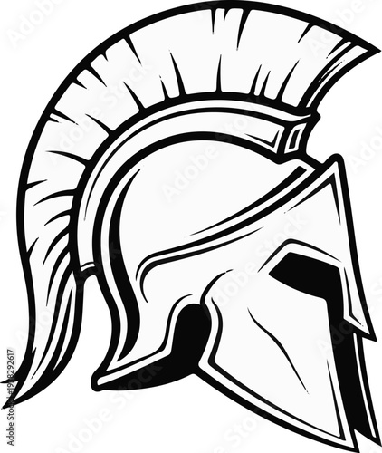 Stylized drawing of a warrior's helmet, black and white, iconic