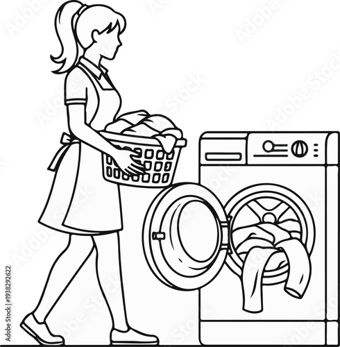 Line art of a woman carrying a laundry basket towards an open washing machine