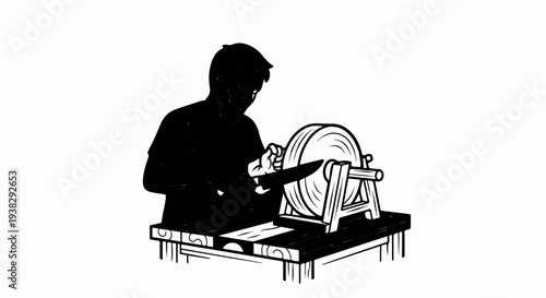 Person sharpening knife on a grinding wheel