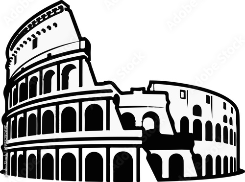 Stylized black and white illustration of a grand ancient amphitheater with arches