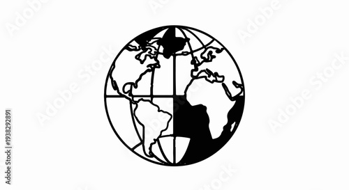 Black and white illustration of the planet Earth with continents and ocean lines