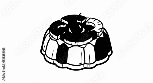 Black and white illustration of a gelatin dessert topped with sliced fruit