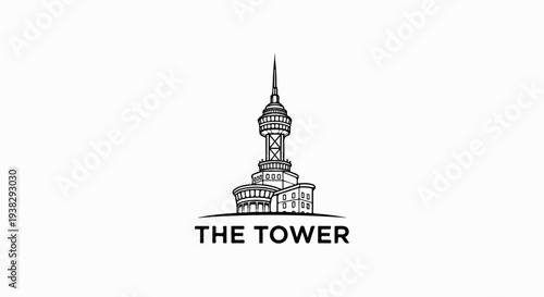 Stylized black and white line art of a tall, slender tower with a pointed spire