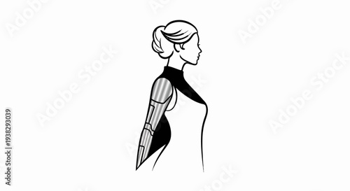Stylized profile of a woman with a prosthetic arm