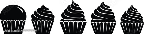 Cupcake silhouette collection, dessert icon set, bakery outline design, sweet treat illustration, frosting swirl graphic, pastry art, confectionery food symbol